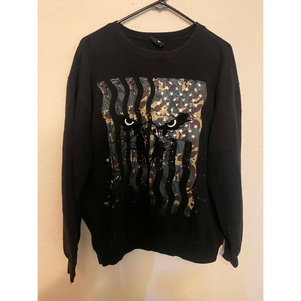 iMp Mens Eagle Eye American Flag Camo Graphic Crewneck Sweatshirt Black Large